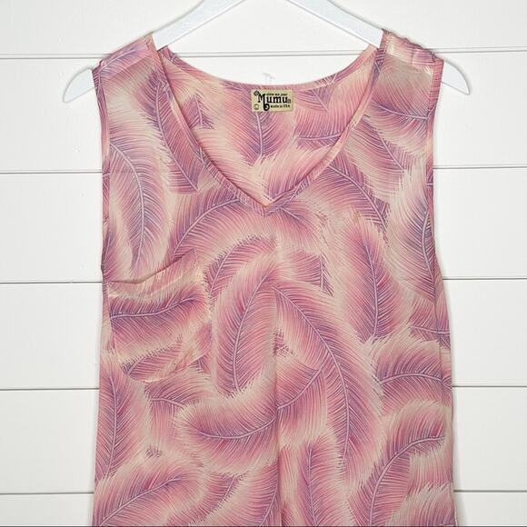 Show Me Your Mumu Feather Print Sheer V-Neck Tank Top Pink Size Large - Picture 2 of 8
